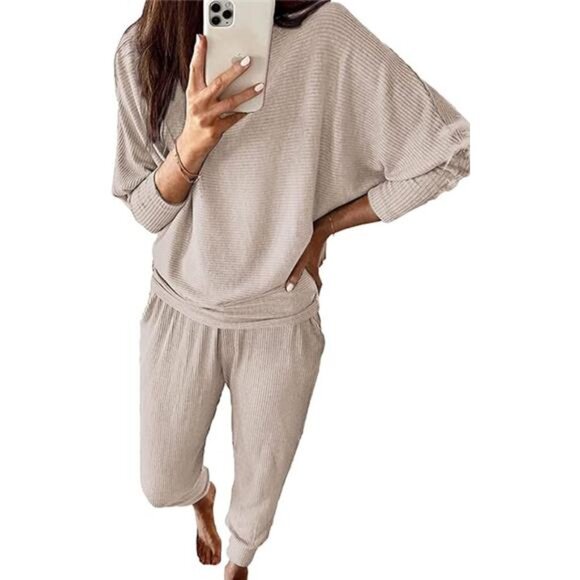 New Women's 2-Piece Sweatsuit Set - Pullover & Long Pants, Solid Color, Apricot - Picture 7 of 7